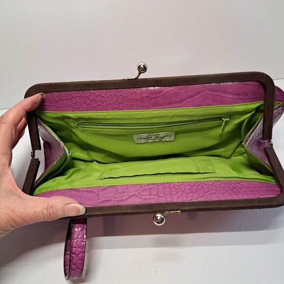 Chinese Laundry Clutch 2 Handle Hot Pink Faux Croc Green Lining Kiss Lock - Picture 8 of 12